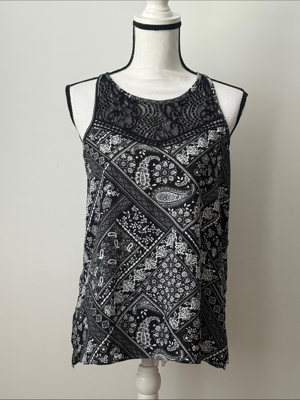 IZ Byer Black Paisley Lace Yoke Women's Tank Top